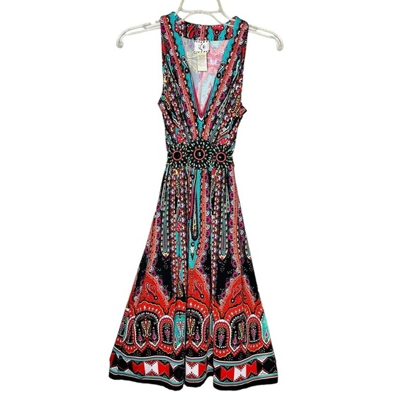 Ice Dresses & Skirts - Ice Mosaic Print Embellished Deep V-Neck Dress